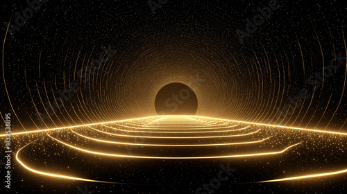 Fototapeta Naklejka Na Ścianę i Meble -  Gold circular waves forming a dynamic tunnel motion loop, symbolizing energy, futuristic design, digital visuals, motion graphics, and mesmerizing abstract patterns for video backgrounds and visual di