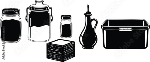 Monochrome vector art lineup of kitchen storage jars bottle wood crate and rectangular bin in flat side view minimal black and white style
