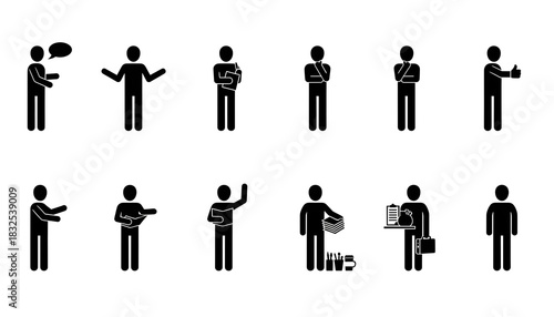 Illustration of various stick figures in different poses and activities on a white background space silhouette