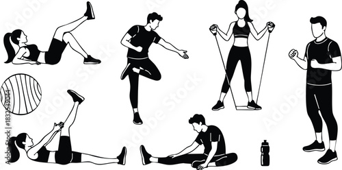 Monochrome vector fitness set with men and women doing stretching core exercises resistance band workout and warm up poses with gym ball and bottle silhouettes