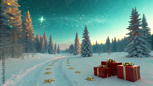 Winter landscape adorned with gifts under a starry sky, a beautifully lit Christmas tree in a snowy forest, radiating pure joyfulness on Christmas Day.