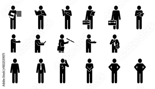 Collection of black stick figures in various poses holding objects and wearing ties on white background silhouette