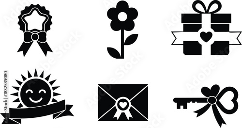 Flat design black love icons set with ribbon badge flower gift box smiling sun envelope and heart key on white background romantic vector art
