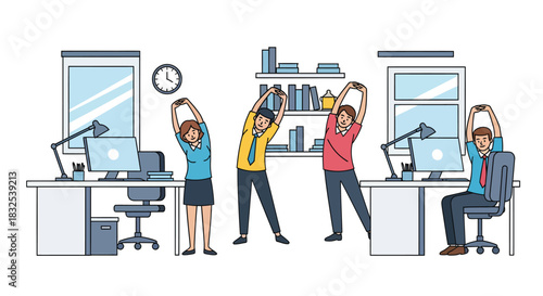 Office Workers Stretching at Desks for Health and Wellness.