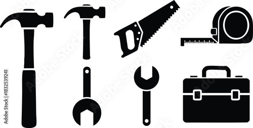 Monochrome vector art of construction tools with two claw hammers wrench spanners handsaw measuring tape and toolbox arranged in flat silhouette style on white background