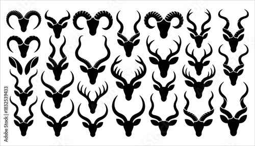 Collection of Black Silhouette Antelope and Ram Heads with Varied Horn Shapes vector