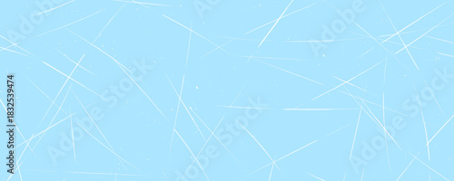 Scratched ice surface texture. Light blue ice background with skate traces, cracks, scratches. Rough winter sport rink backdrop. Frozen lake or pond water wallpaper with dots, spot and lines. Vector