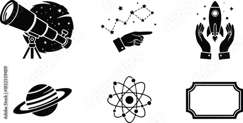 Flat black astronomy icon set with telescope and moon pointing hand constellation rocket in hands ringed planet atom symbol and blank frame label design