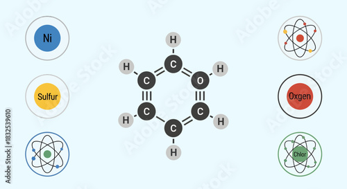 Scientific flat vector graphic showing the molecular structure of p-benzoquinone alongside various elemental atoms for educational purposes on a clean background