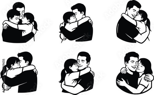 Black and white vector art set of father and daughter hugging in six poses affectionate family embrace icons for fathers day and parenting love