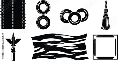 Flat design black roman theme vector art with laurel spear tassel coin rings striped banner road and geometric frame decorative symbols in simple silhouette style