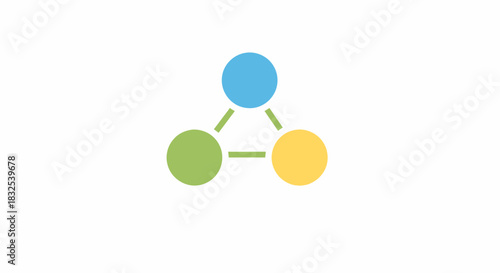 Minimalist flat vector illustration of a simple molecule or network icon, showing three colorful connected nodes in a triangular structure symbolizing science and collaboration