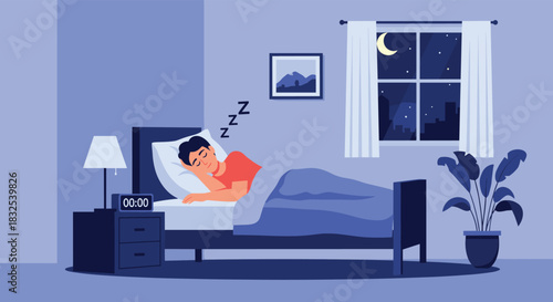 A man sleeping peacefully in his bed at night, with a calm city view outside the window, illustrating rest, relaxation, and a healthy sleep cycle.