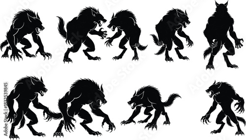 Collection of werewolf silhouette illustrations showing aggressive wolf-man creatures in dynamic poses, mythical monster artwork for fantasy, horror, and dark themes