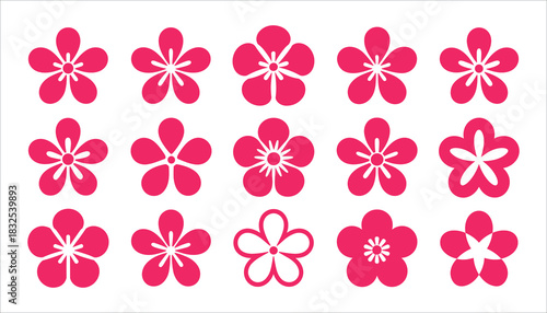 Collection of fifteen pink five petal flower icons on white background floral