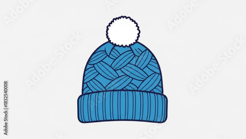 Blue knitted winter hat with pom pom on white background