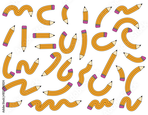 Creative back to school pattern background featuring playful and bent yellow pencils on white for graphic design and educational material seamless texture stationery