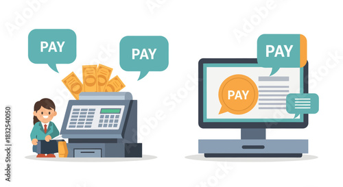 Modern flat design vector illustration comparing traditional payment at a cash register with a convenient online pay system