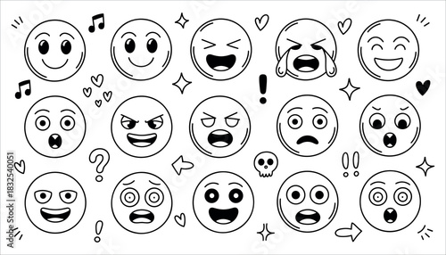 Collection of hand drawn black and white emoji faces with various expressions and decorative elements