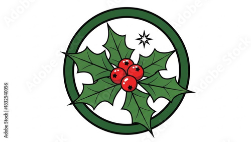 Christmas holly berry icon with star and green circle border