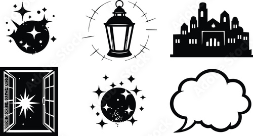 Flat design black silhouette icons of magic orb lantern starry city window moon sparkles and empty speech cloud in simple mystical vector art style