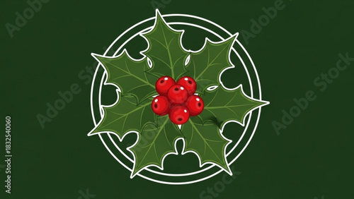 Stylized holly berry and leaves with circular border on green background