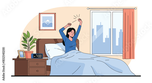 A young woman waking up in the morning, stretching in bed as the sun rises over the city outside her window, with an alarm clock showing 7 am.