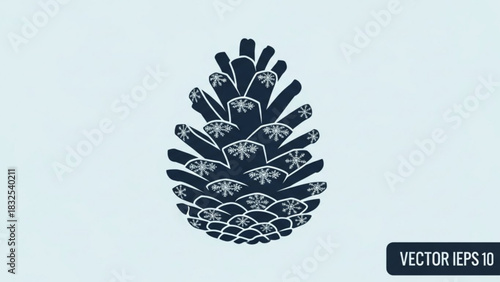 Stylized dark blue pine cone illustration adorned with delicate white snowflakes, perfect for winter holiday and festive season designs.