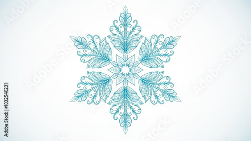Ornate blue snowflake design with intricate floral and leaf patterns, symmetrical winter ice crystal illustration on white background, elegant frozen decorative element
