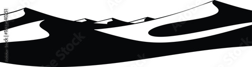 Minimalist vector art side view of desert sand dunes with long sweeping curves and high contrast black silhouette landscape under clear sky