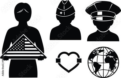 Monochrome vector icons of military family with folded american flag heart ribbon and globe honoring service and remembrance in simple flat silhouette style