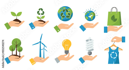 A collection of ecology and environmental conservation icons held in hands, including recycling symbols, green energy, and sustainable practices.