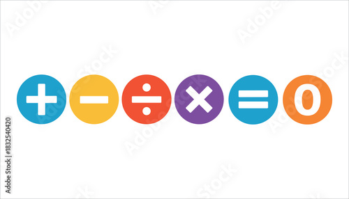 Colorful math symbols plus minus divide multiply equals zero on white background addition subtraction