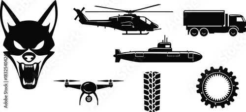 Bold black vector art of angry wolf head with open jaws beside helicopter drone submarine truck tire tread and mechanical gear icons in silhouette style