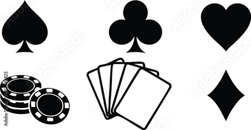 Minimal flat design vector art of black casino card suits with poker chips and fanned playing cards in simple monochrome style on clean white background
