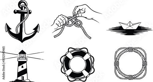 Monochrome nautical vector art with anchor rope knot hands paper boat lighthouse lifebuoy and square rope frame arranged in two rows minimal marine symbols