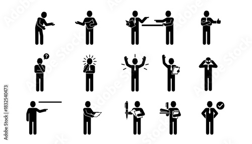 Various stick figure business people in different poses and actions on a white background in a vector image silhouette
