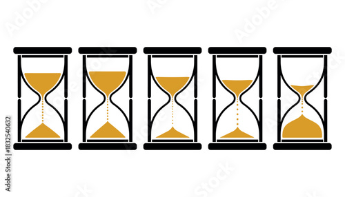 Five hourglasses with golden sand in various stages of falling time falling sand