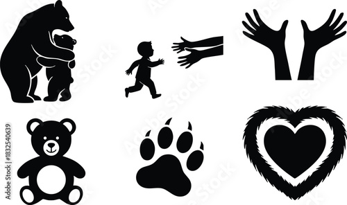 Cute flat vector art set of black bear family hug child running to parent open hands teddy paw print and furry heart icons on white background