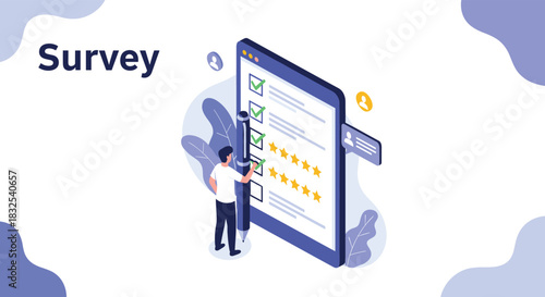 A man filling out an online survey or customer feedback form on a giant tablet, giving a five-star rating and checking boxes with a large pencil.