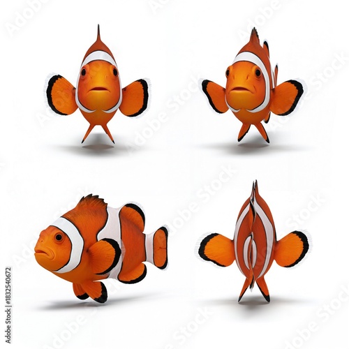 Bright Orange Clownfish Characters in Four Angled Views for Stock Illustration and Animation