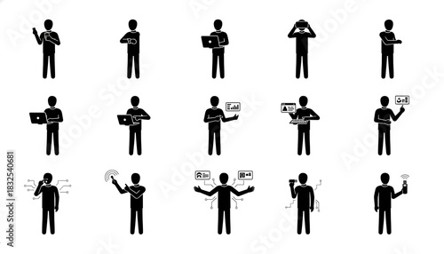 Black stick figures using technology devices like phones laptops and vr headsets on a white background silhouette