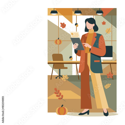 Businesswoman working on a tablet in an autumnthemed office Seasonal professional workflow