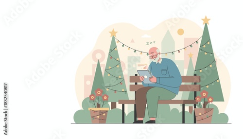 Tired senior man uses tablet on park bench near decorated Christmas trees