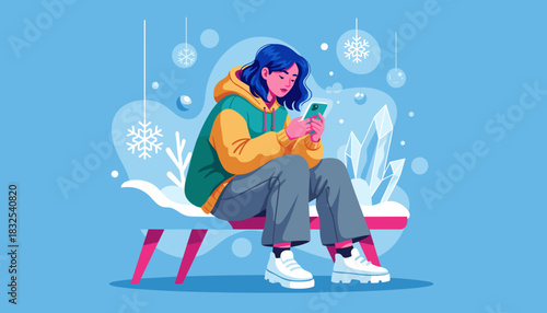 Young woman using smartphone in a stylized winter setting Social media communication and holiday messaging