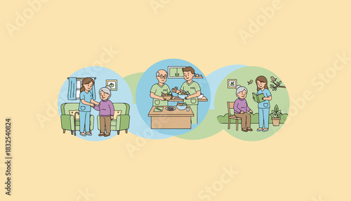 Caregivers assist seniors with daily tasks cooking and companionship Elder care services concept