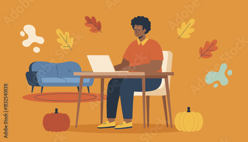 African American man works remotely on a laptop in a cozy autumnthemed home office Flat vector art