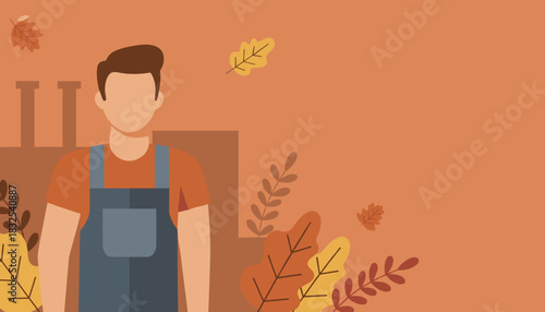 Flat illustration of a man in overalls surrounded by autumn leaves Fall season background template