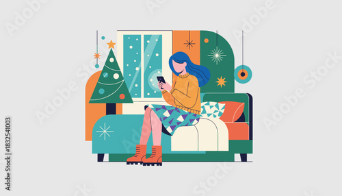 Cozy Christmas at home Woman using mobile phone indoors while snow falls outside