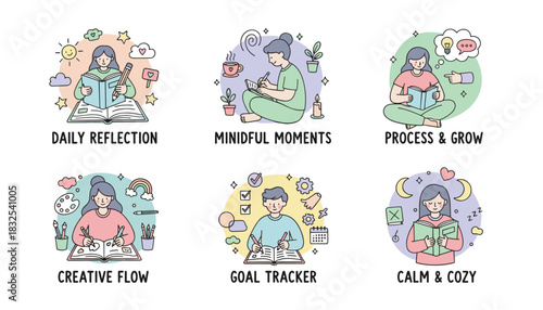 Handdrawn icons of people journaling for reflection mindfulness creativity goals and selfcare